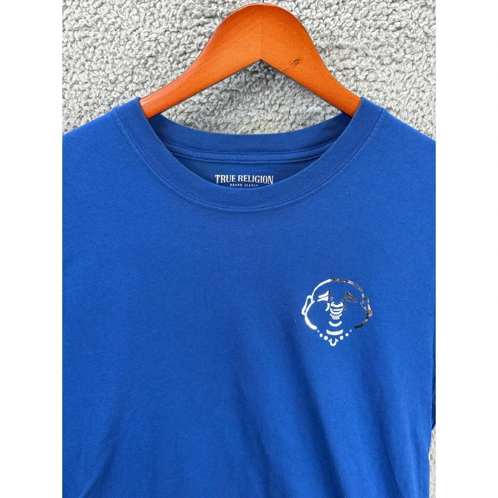 True Religion Buddha Logo Graphic T-Shirt Mens M Blue Crewneck Short Sleeve Tee